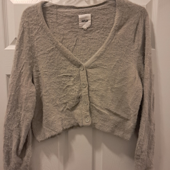 aerie Sweaters - Fuzzy & Soft Gray Aerie Cropped Cardigan